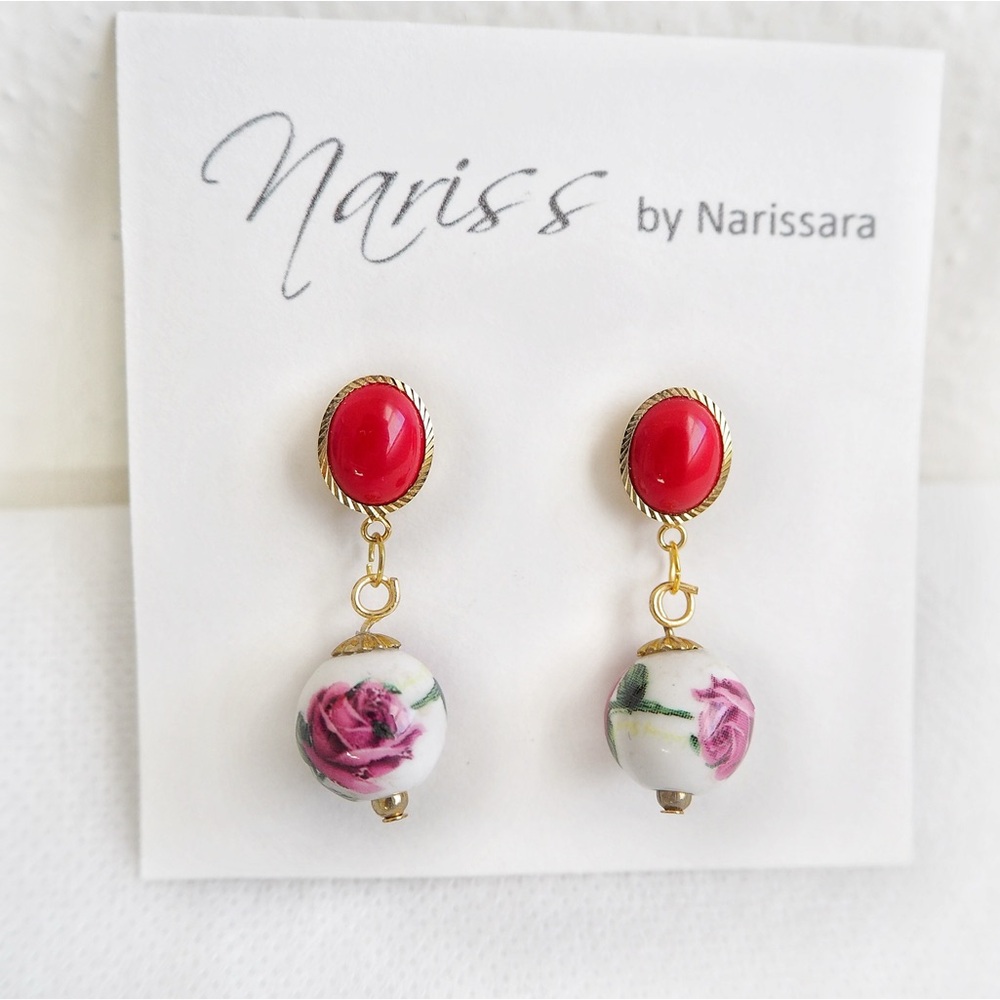 Red Floral Ball Dangle Earrings